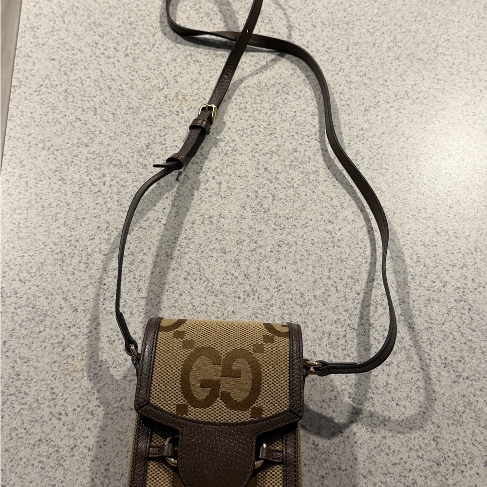 Gucci Brown Leather & Beige GG Canvas Crossbody Pouch
